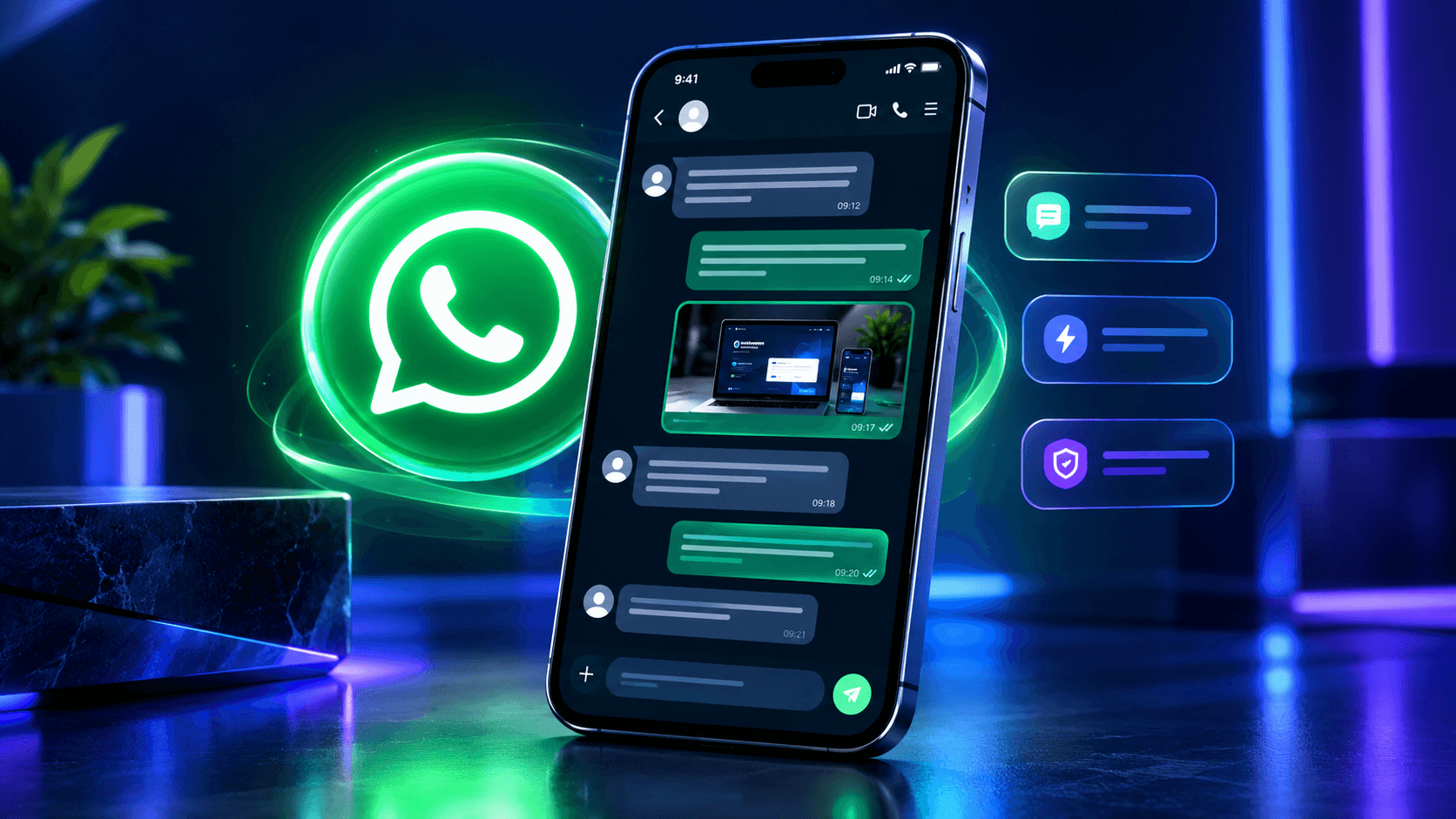Smartphone showing a WhatsApp conversation with Rymx Dev