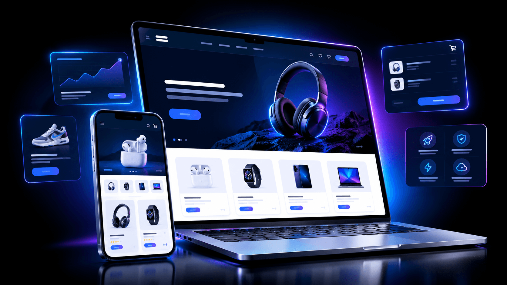 Rymx Dev e-commerce website shown on a laptop and smartphone with analytics widgets