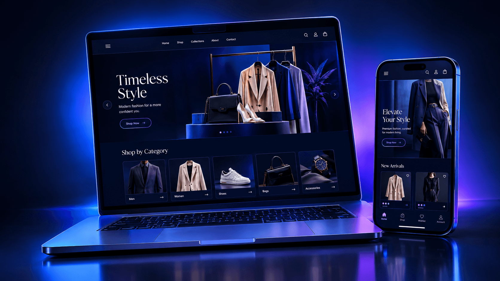 Fashion e-commerce website concept on laptop and phone