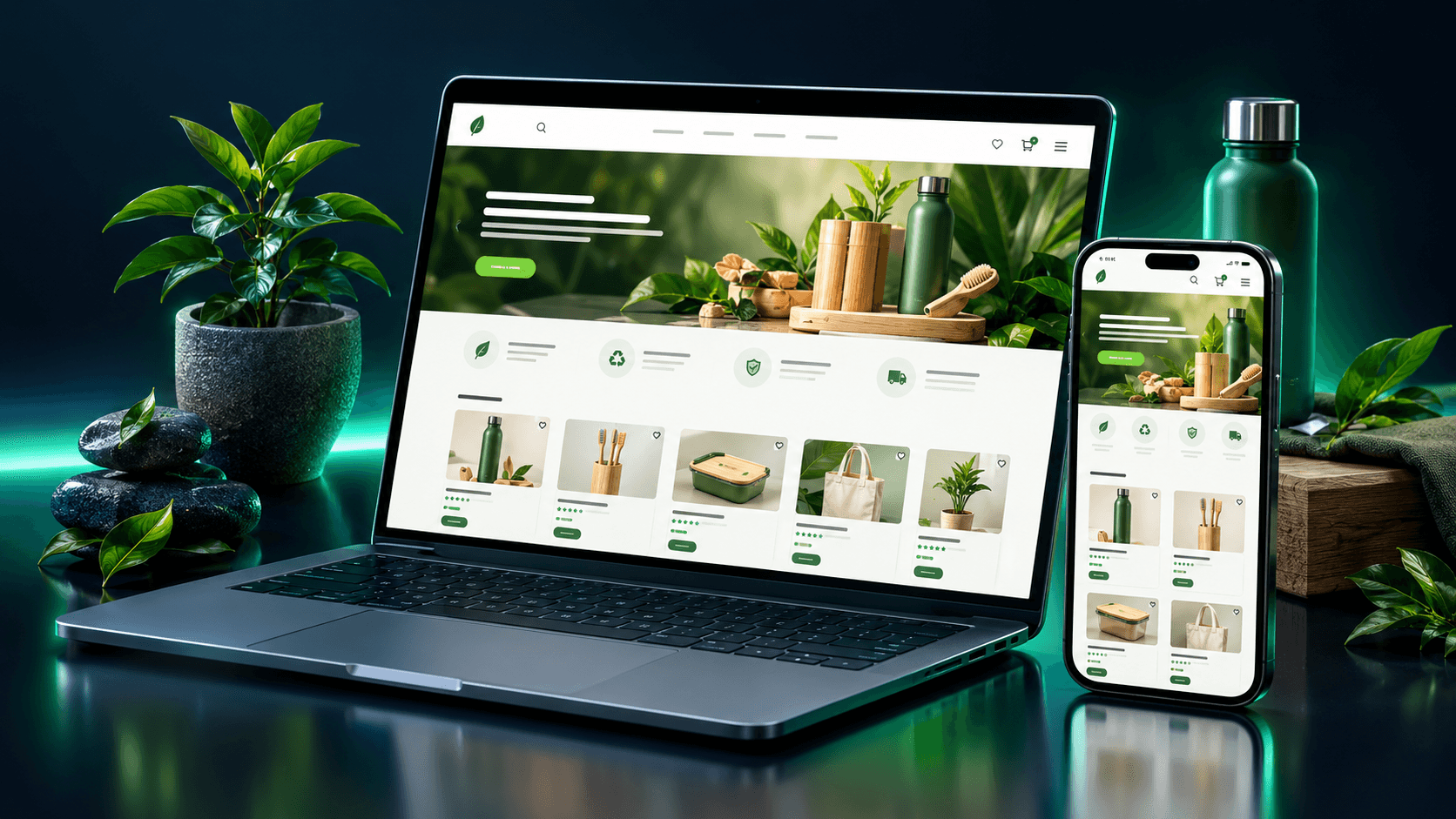 Eco consumer products e-commerce website on laptop and phone